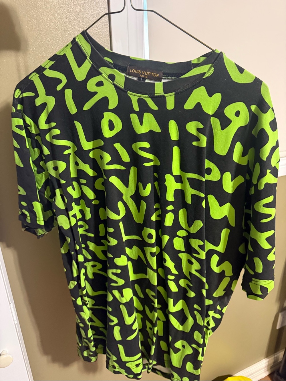 Louis Vuitton Black Tee with Neon Green Allover Script Print